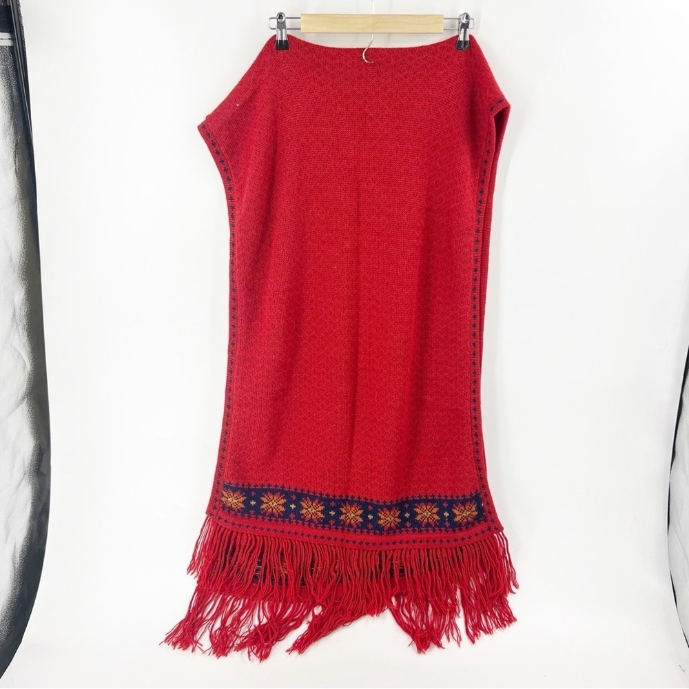 ✅ L.A.M. 100% ALPACA RED BLANKET SCARF‎ WITH FRINGE RED/NAVY 21IN X 64IN